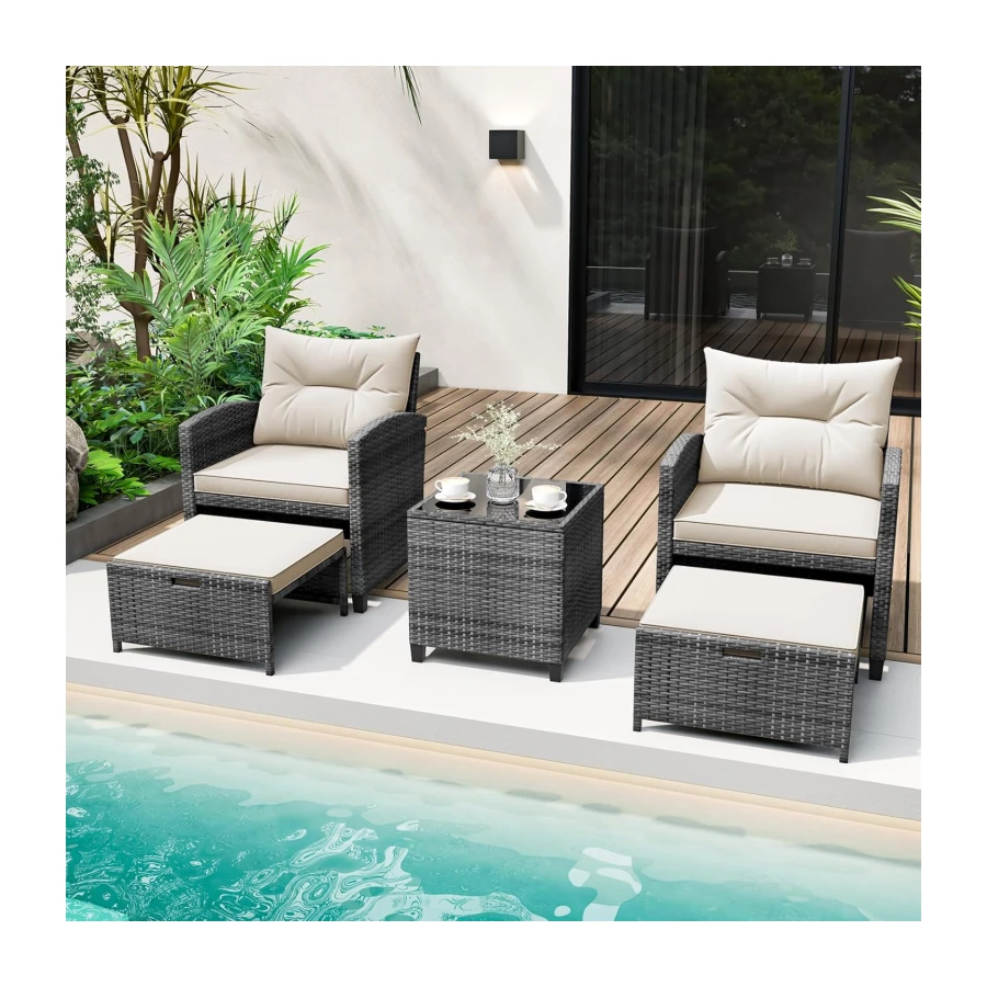 Tangkula 5 Pieces Patio Conversation Set, PE Wicker Rattan Outdoor Furniture Set with 2 Chairs, 2 Ottomans & Tempered Glass Coffee Table, Ideal for Poolside, Backyard, Lawn, Deck, Mix Grey & Off White