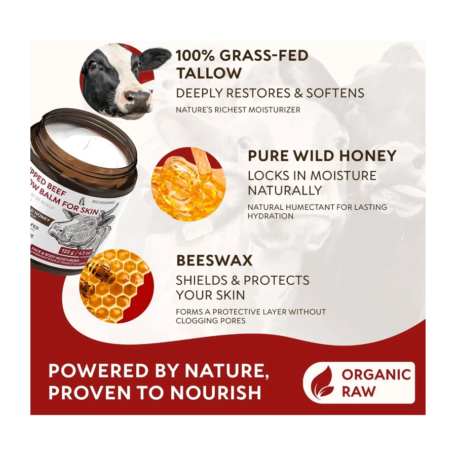 Beef Tallow Face Cream, Whipped Tallow and Honey Balm for Face and Body