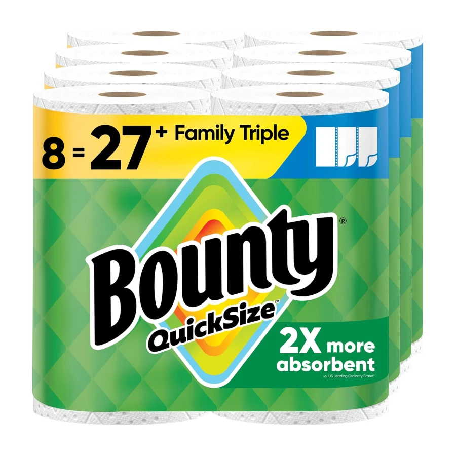 Bounty Paper Towels Quick-Size, White, 8 Family Triple Rolls = 27 Regular Rolls