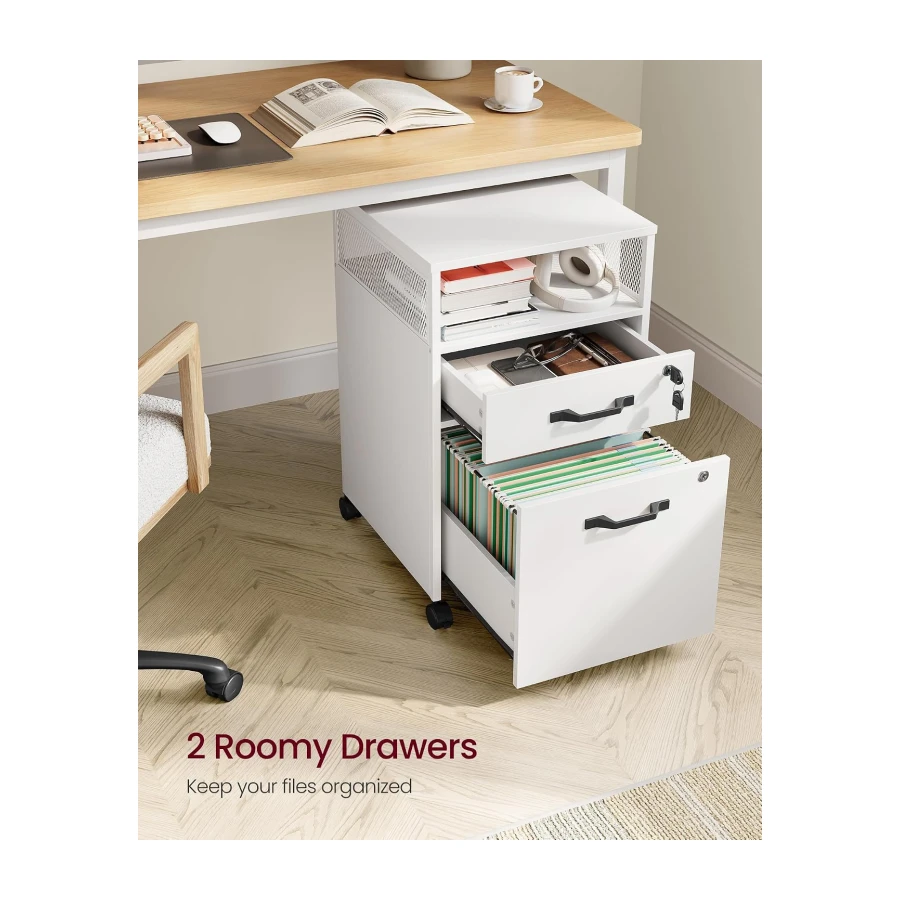 VASAGLE File Cabinet, Mobile Filing Cabinet with Wheels, 2 Lockable Drawers, Open Shelf