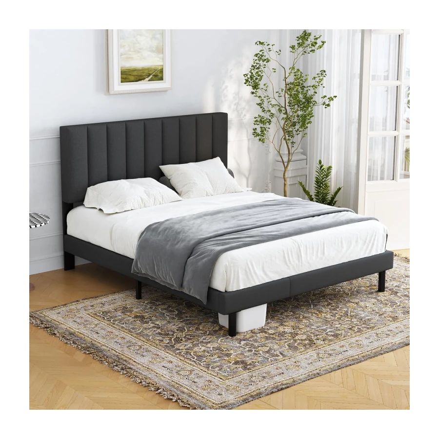 Lukace Queen Bed Frame with Upholstered Headboard Wood Slat Support Gray