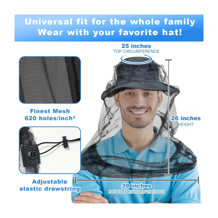 South to East Premium Mosquito Head Net for Insect, 2 Pack, Fly & Bug Protection | Ultra Large & Long, Extra Fine Holes for Camping, Hiking, Fishing, Gardening, Safari, Fits All Hats for Men & Women