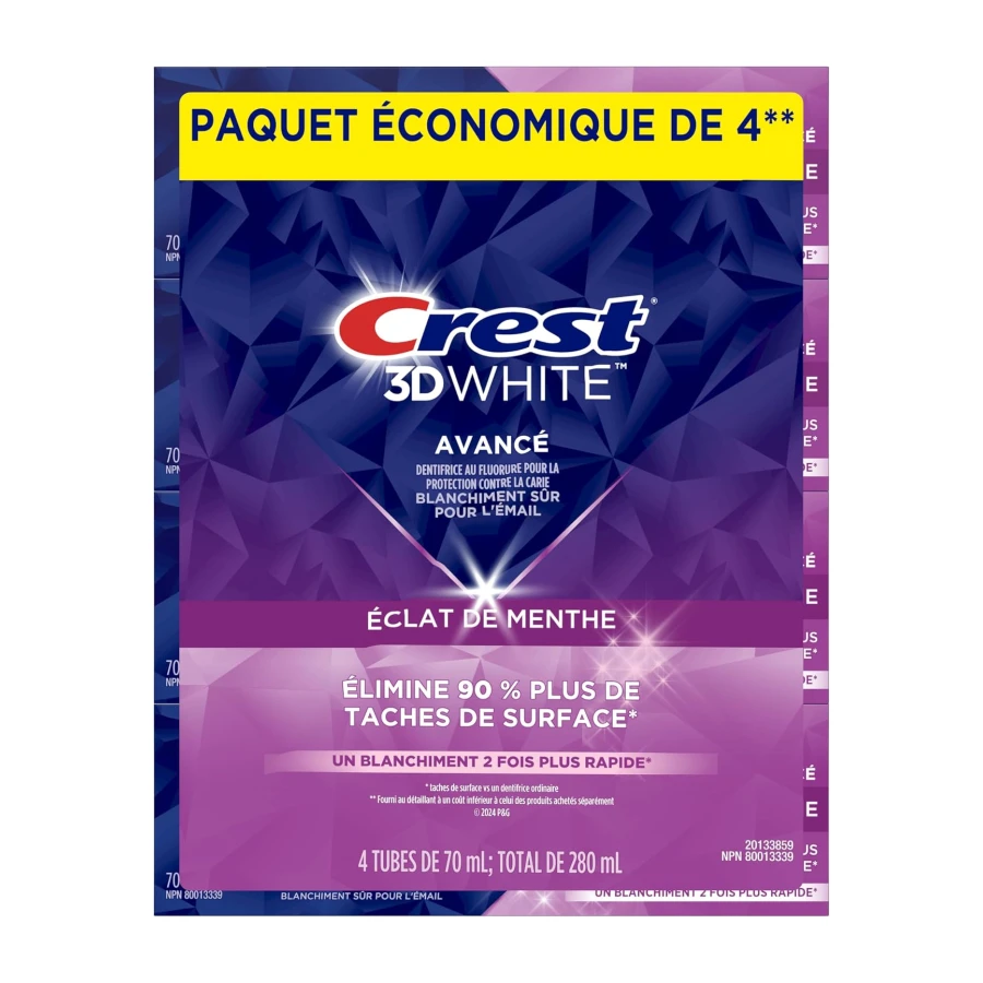 Crest 3D White Advanced Teeth Whitening Toothpaste, Radiant Mint, 4 Count (Pack of 1), 280 mL Total (70 mL each)