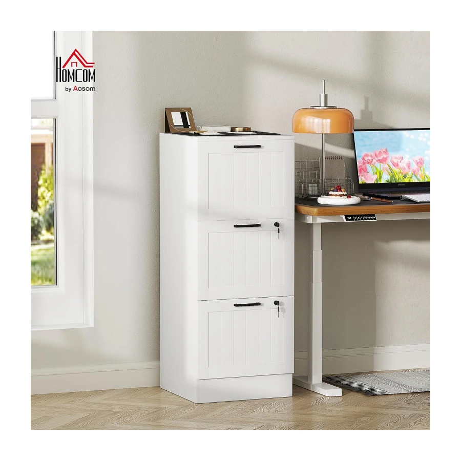HOMCOM 3 Drawer File Cabinet with Lock Vertical Filing Cabinet