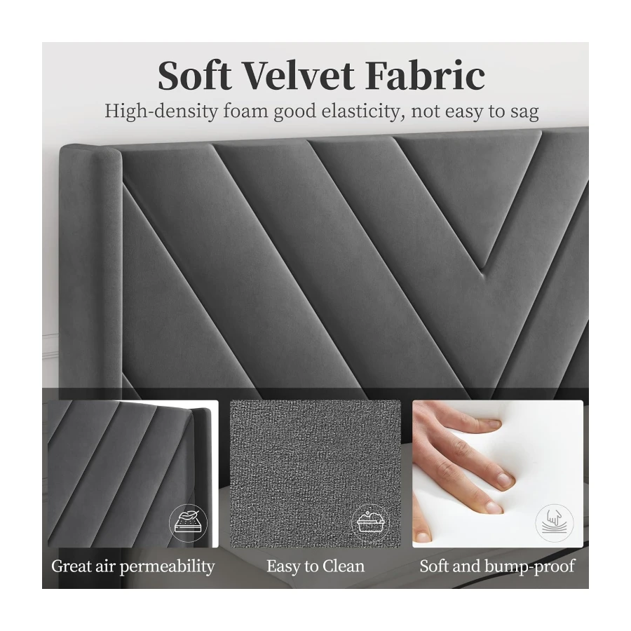 Yaheetech Full Bed Frame Upholstered Platform Bed with Wing Side, Dark Gray