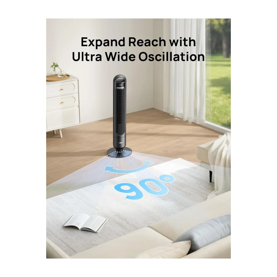 DREO Tower Fan for Bedroom, 90° Oscillating Standing Fans for Room with 4 Speeds, 3 Modes, 28dB Quiet for Sleep