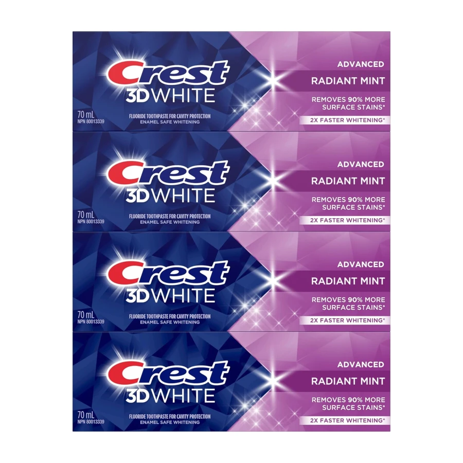 Crest 3D White Advanced Teeth Whitening Toothpaste, Radiant Mint, 4 Count (Pack of 1), 280 mL Total (70 mL each)