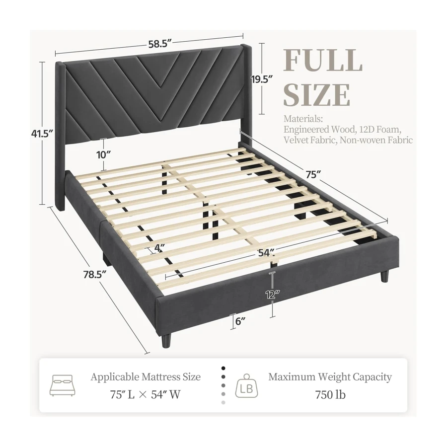 Yaheetech Full Bed Frame Upholstered Platform Bed with Wing Side, Dark Gray