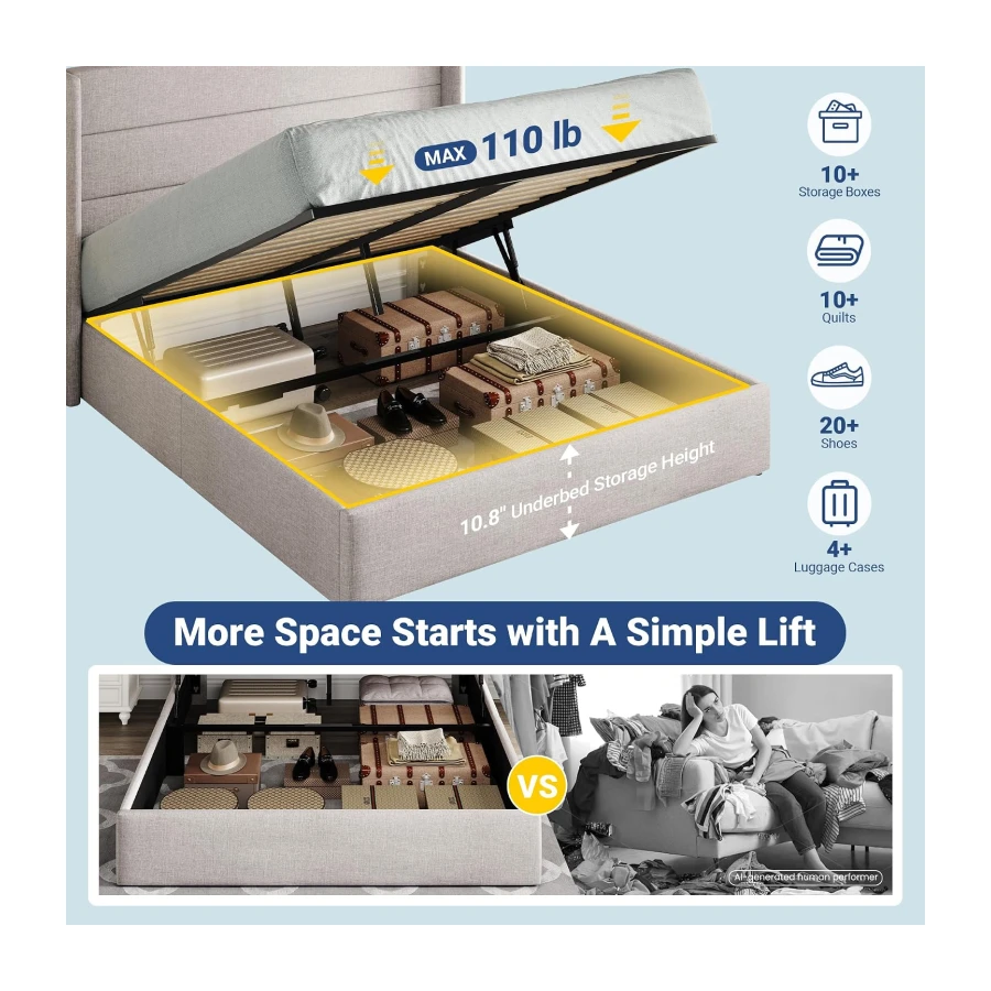 Allewie Queen Size Lift Up Hydraulic Storage Bed Frame Light Beige