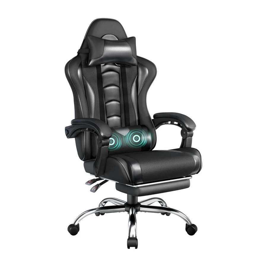 Yaheetech Gaming Chair with Massage Lumbar Support & Footrest, Full Black
