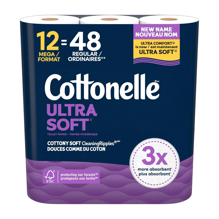 Cottonelle Toilet Paper, 12 Mega Rolls = 48 Regular Rolls, Ultra Soft (Formerly Ultra Comfort), Soft Bathroom Tissue