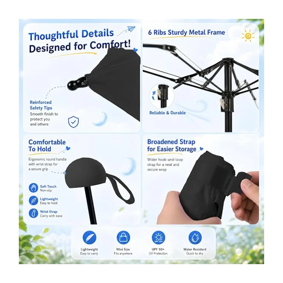 BAODINI Travel Essentials Mini Umbrella for Purse With Case Small Compact UV Sun Protection Lightweight Tiny Pocket