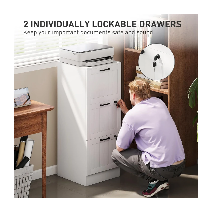 HOMCOM 3 Drawer File Cabinet with Lock Vertical Filing Cabinet