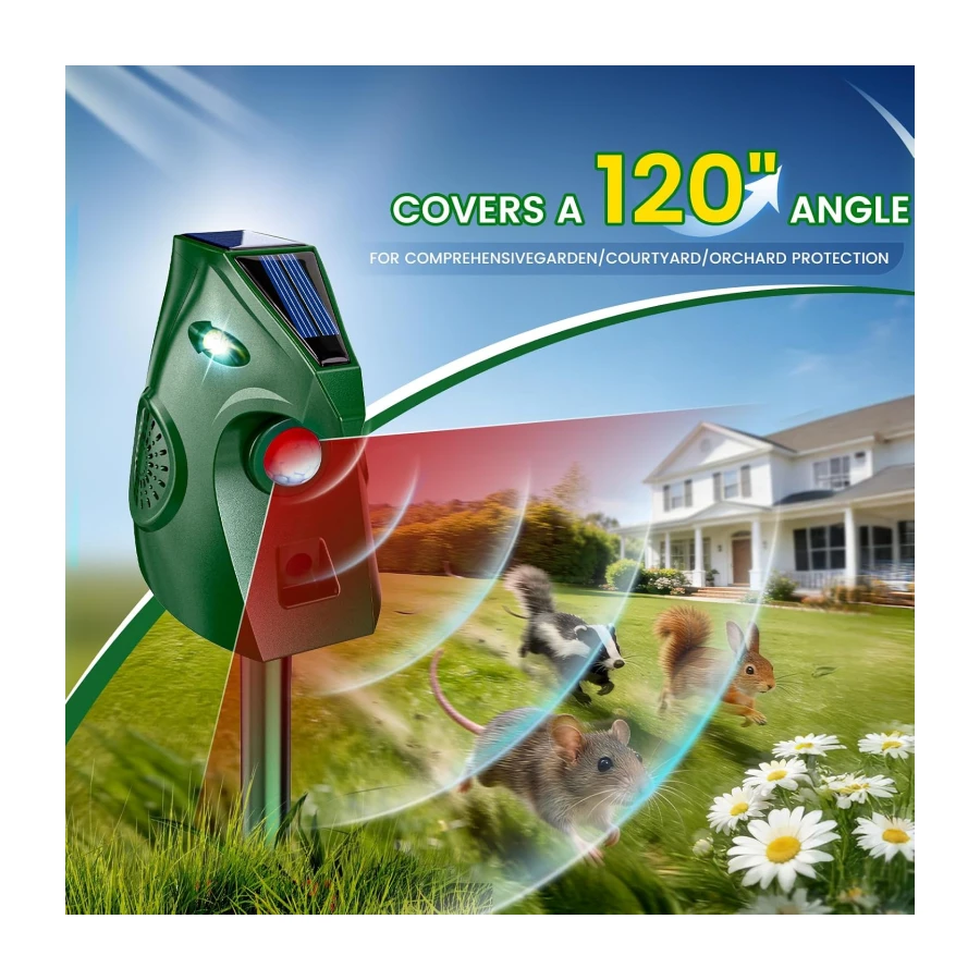 Ultrasonic Animal Repellent Outdoor, Solar Power Cat Rodent Raccoon Repeller, Squirrel Skunk Control Device with Motion Sensor and FIashing Light, Waterproof Rabbt Snake Deterrent for Outdoor