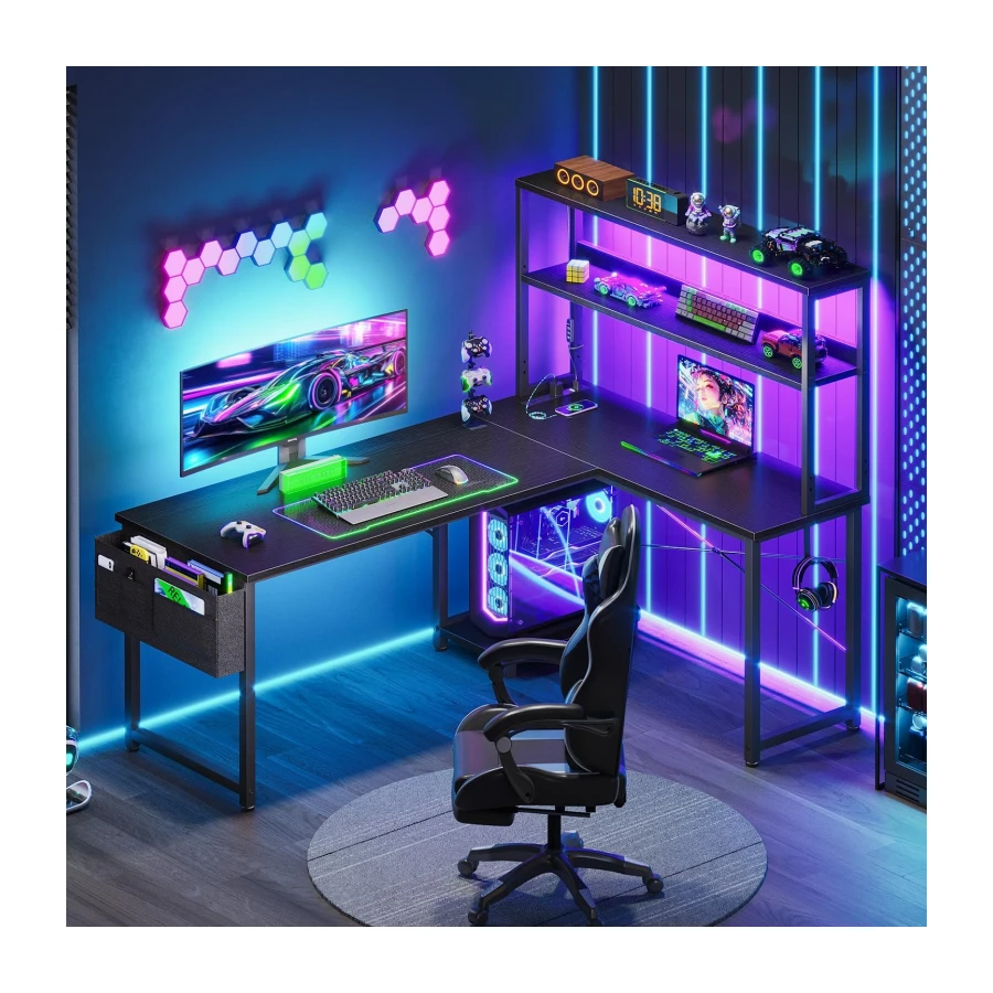 AODK - L-shaped gaming desk with LED light and power outlet, 53 inch reversible L-shaped computer table with shelf and storage bag and hook for office in