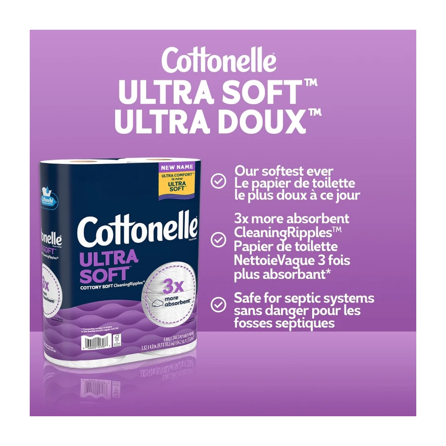 Cottonelle Toilet Paper, 12 Mega Rolls = 48 Regular Rolls, Ultra Soft (Formerly Ultra Comfort), Soft Bathroom Tissue