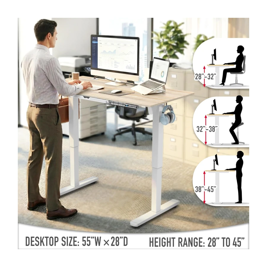 SHW 55 x 28 Electric Height Adjustable Standing Desk w/Drawer, Maple