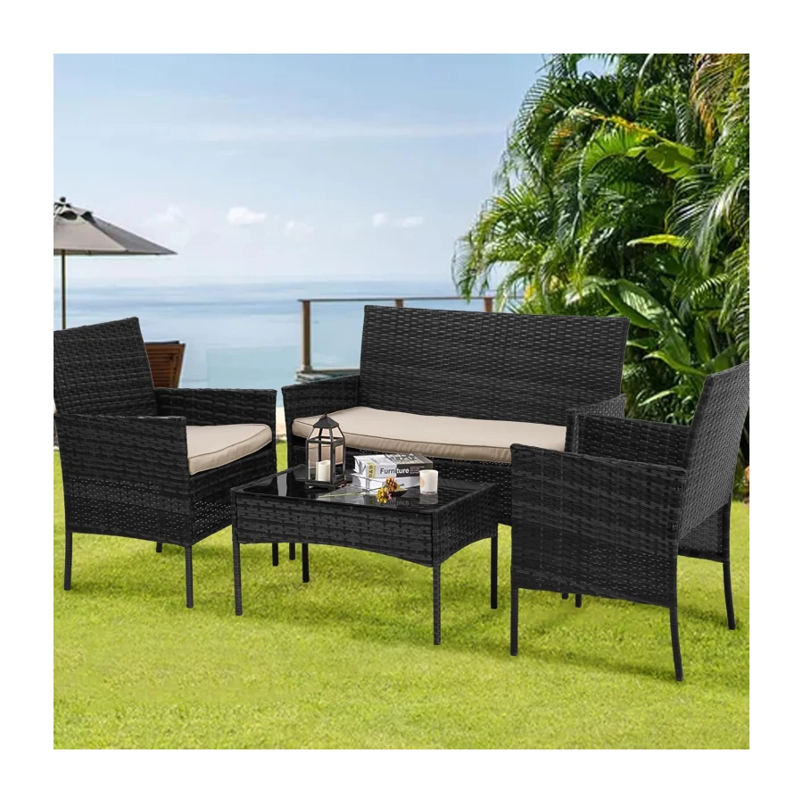 BestOffice Patio Furniture 4 Pieces Outdoor Indoor Use Rattan Chairs Wicker Patio Loveseats Conversation Sets with Table and Beige Cushions for Backyard Lawn Porch Garden Balcony,Black
