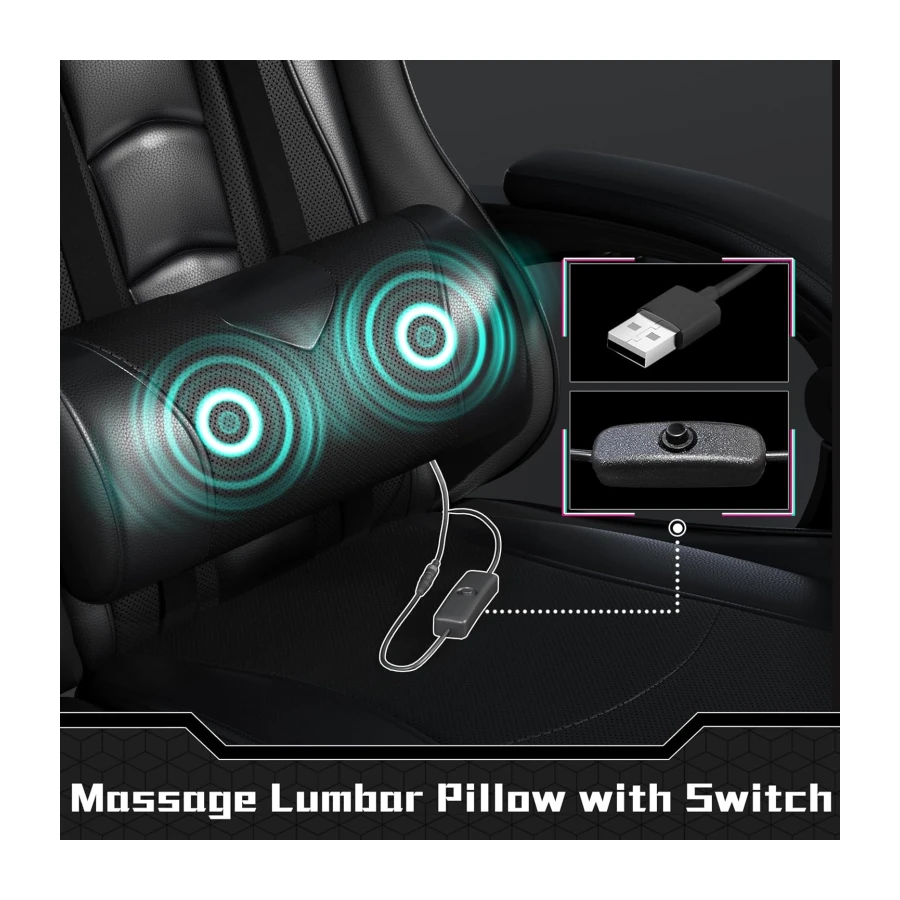 Yaheetech Gaming Chair with Massage Lumbar Support & Footrest, Full Black