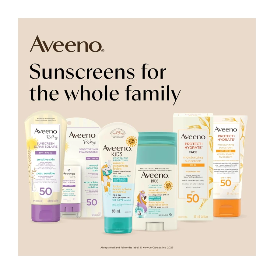 Aveeno Protect & Hydrate Face Sunscreen Lotion SPF 50 - Broad Spectrum UVA/UVB Protection with Oat Formula - Water Resistant, Non-Comedogenic Moisturizing Cream for Sensitive Skin, 88 mL