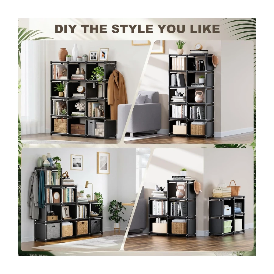 Mavivegue Bookcase, 12 Cube Storage Organizer, Tall Shelf, Black | 12-Cube Bookshelf