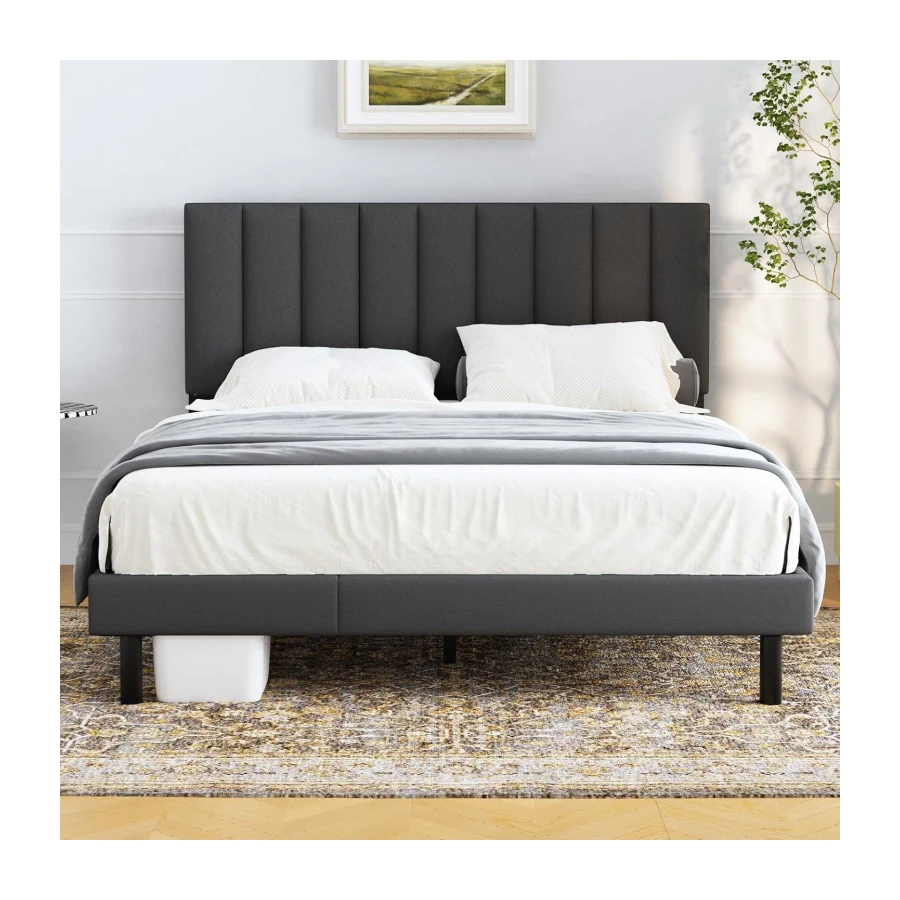 Lukace Queen Bed Frame with Upholstered Headboard Wood Slat Support Gray