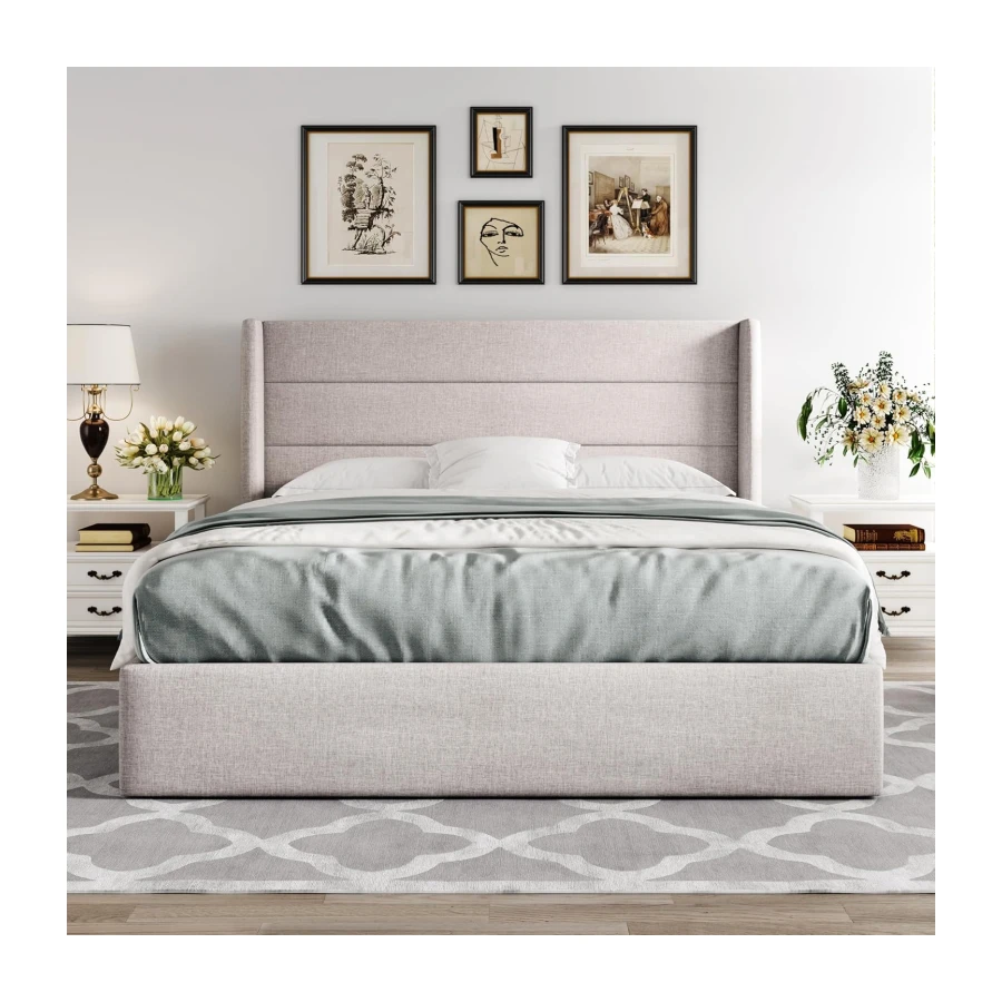 Allewie Queen Size Lift Up Hydraulic Storage Bed Frame Light Beige