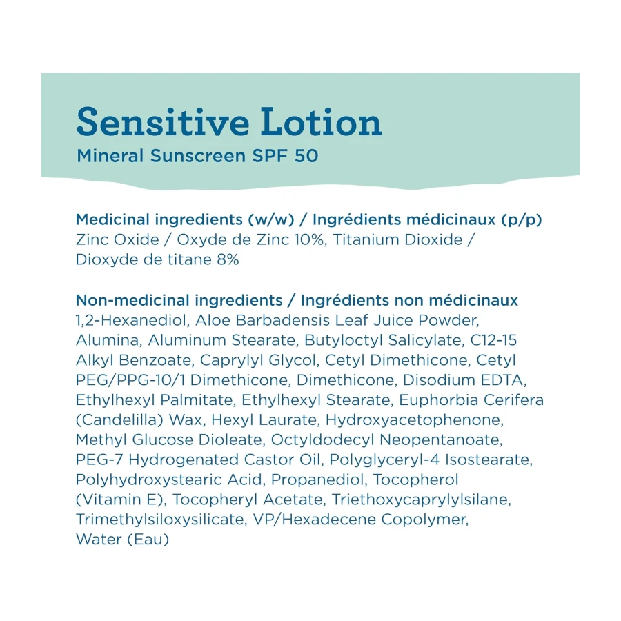 Blue Lizard Sensitive Mineral SPF 50 Sunscreen Lotion, 100% Mineral Sunscreen, UVA/UVB Protection, Infused with organic Aloe Vera, Soothes and Hydrates, 89 ml