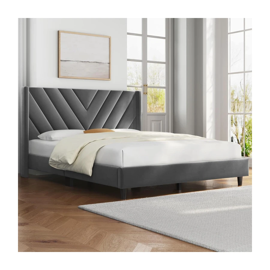 Yaheetech Full Bed Frame Upholstered Platform Bed with Wing Side, Dark Gray