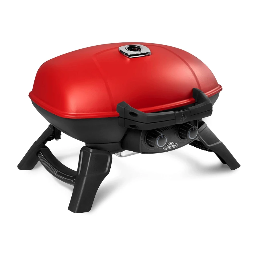 Napoleon TravelQ 285 Portable Gas Bbq Grill, Propane, Red Lid - TQ285-Rd-1-A – Two Burners, Cast Iron Cooking Grids, Comes with Drop-In Griddle, Ideal for Camping & Tailgating