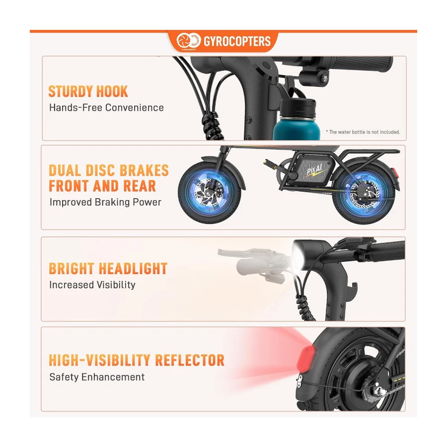 Gyrocopters PixAI 14" Electric Bike for Adults & Teens | Upto 70km PAS Range | Upto 32km/hr Speed | Free Smart Anti-Theft GPS Tracker, Dual Rider E-Bike | UL 2849 Safety Certified