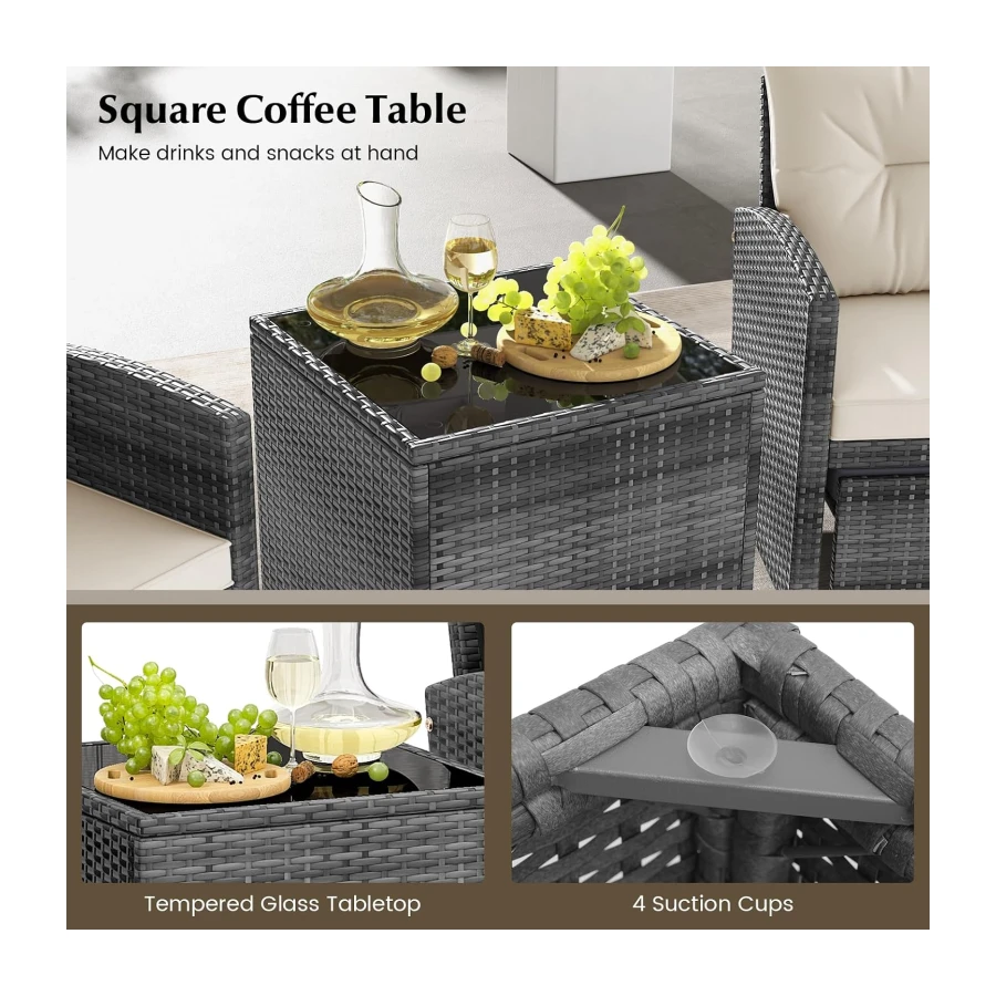 Tangkula 5 Pieces Patio Conversation Set, PE Wicker Rattan Outdoor Furniture Set with 2 Chairs, 2 Ottomans & Tempered Glass Coffee Table, Ideal for Poolside, Backyard, Lawn, Deck, Mix Grey & Off White