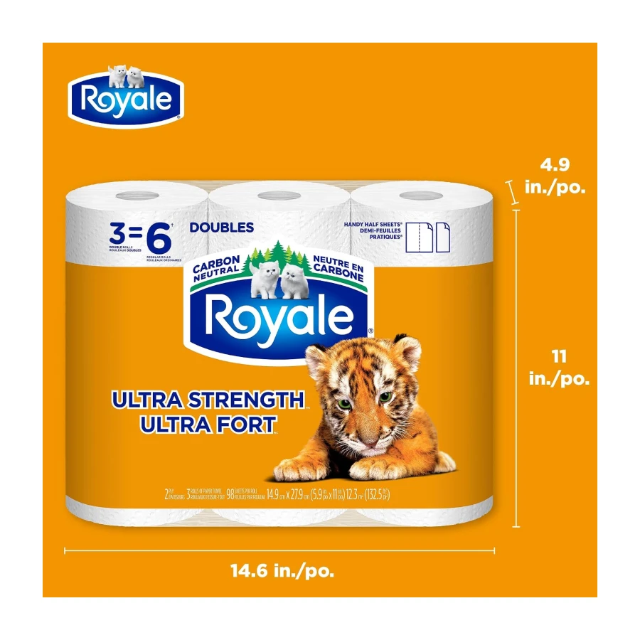 Royale Tiger Strong Paper Towel, 3 Double Equal 6 Rolls, 98 Half Sheets per Roll, White