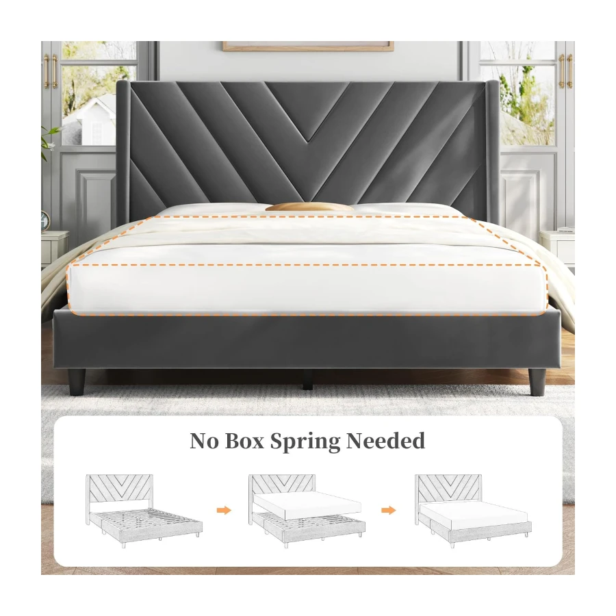 Yaheetech Full Bed Frame Upholstered Platform Bed with Wing Side, Dark Gray