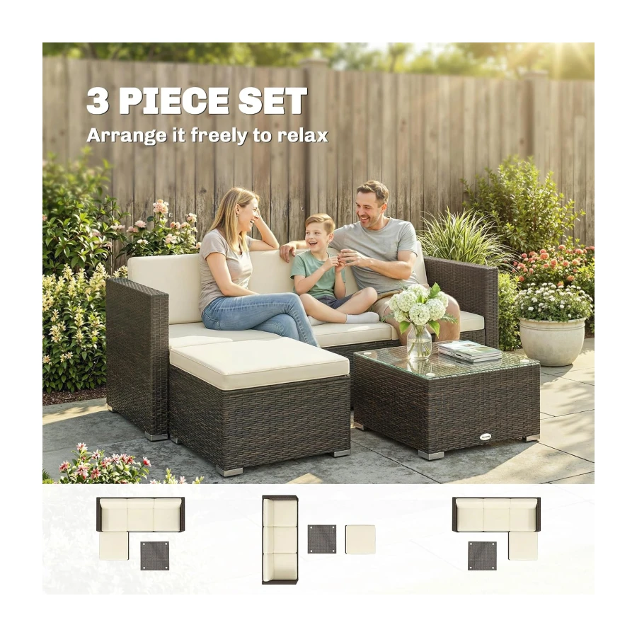 Outsunny 3 Pieces Patio Furniture Set with Cushions, Outdoor PE Rattan Wicker Conversation Corner Sofa Set with Glass Top Table and Adjustable Foot for Garden, Lawn, Cream White