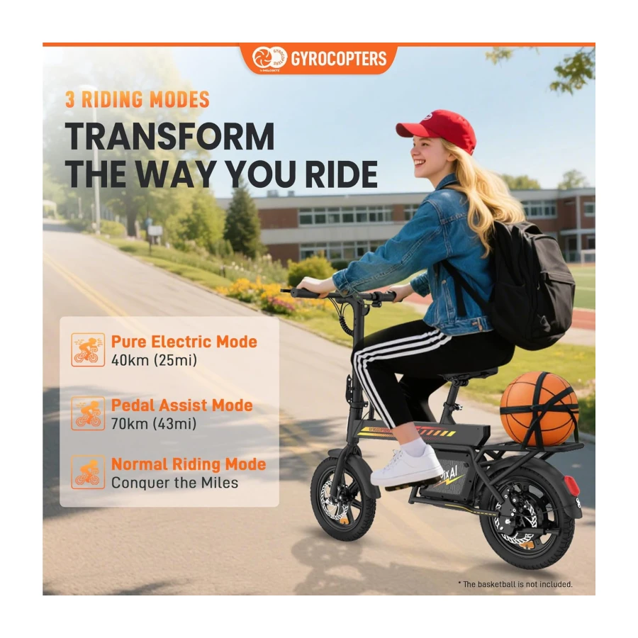 Gyrocopters PixAI 14" Electric Bike for Adults & Teens | Upto 70km PAS Range | Upto 32km/hr Speed | Free Smart Anti-Theft GPS Tracker, Dual Rider E-Bike | UL 2849 Safety Certified