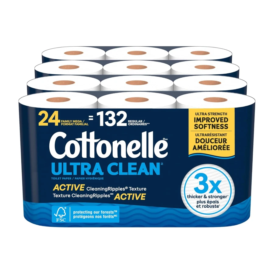 Cottonelle Toilet Paper, 24 Family Mega Rolls = 132 Regular Rolls (4 Packs of 6), Ultra Clean, Strong Bathroom Tissue