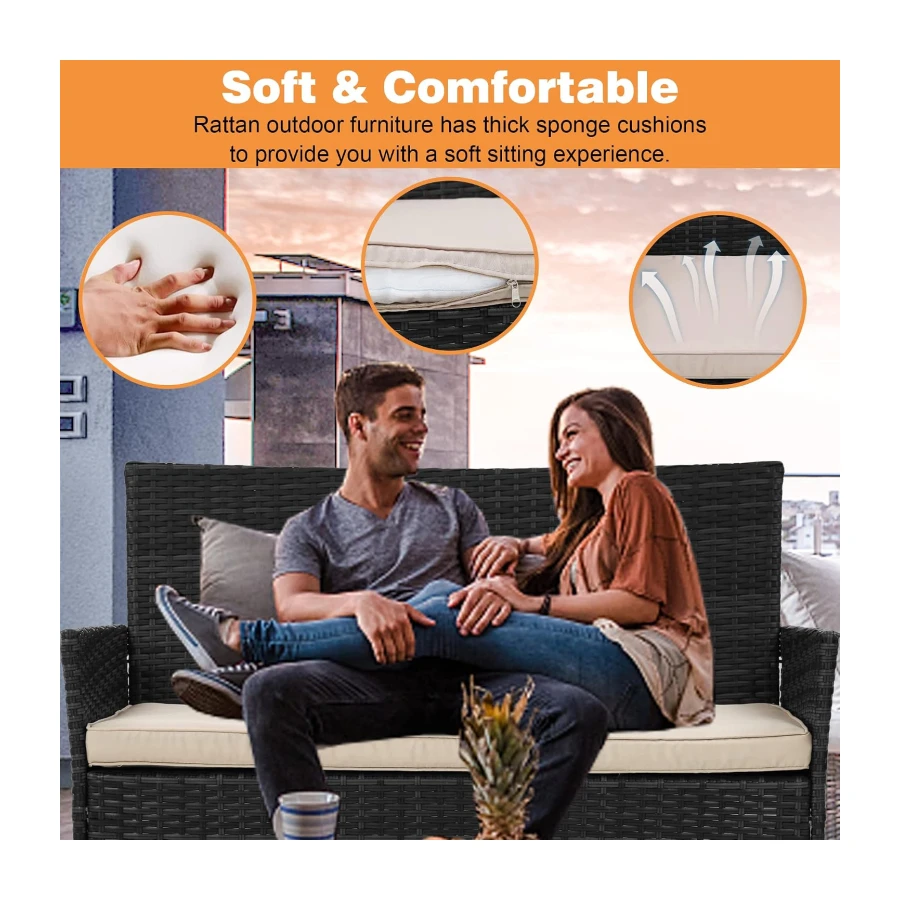 BestOffice Patio Furniture 4 Pieces Outdoor Indoor Use Rattan Chairs Wicker Patio Loveseats Conversation Sets with Table and Beige Cushions for Backyard Lawn Porch Garden Balcony,Black