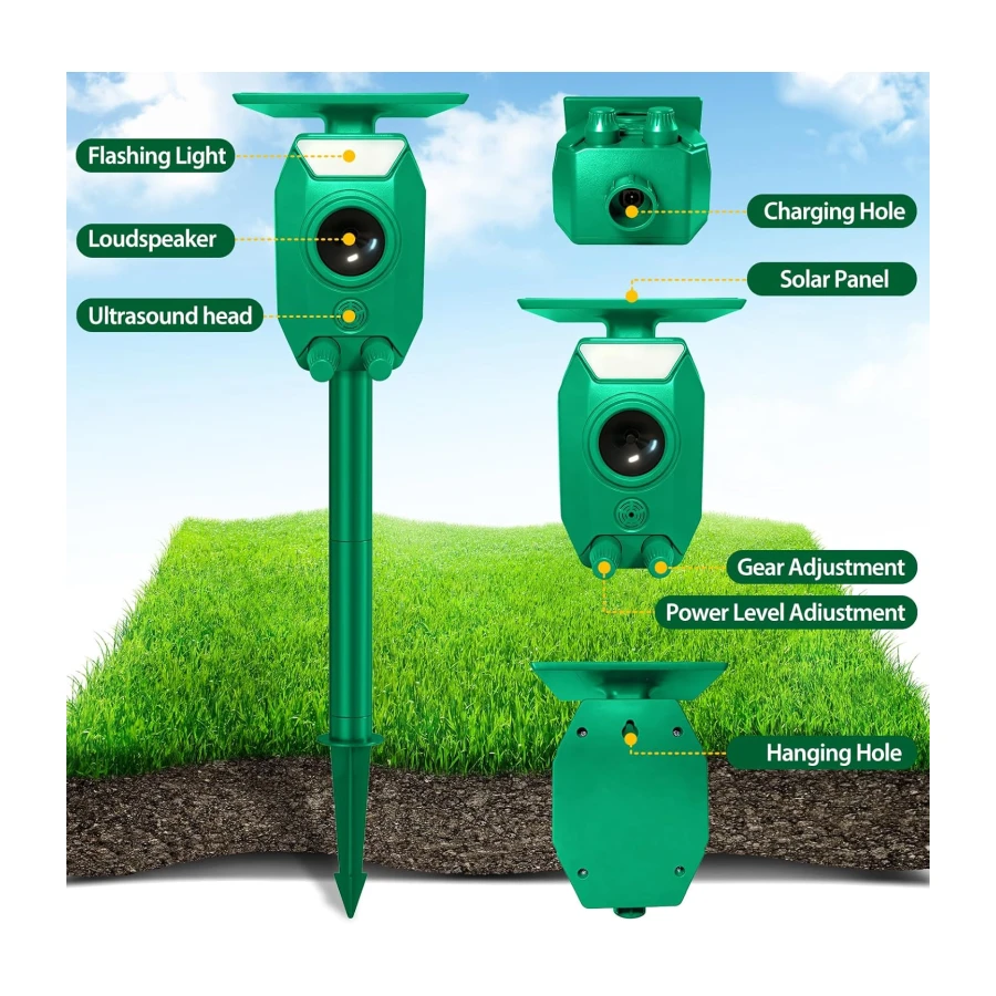 Radar Animal Repellent Outdoor, Ultrasonic Squirrel Cat Deterrent, Solar Power Deer Rabbit Repeller with Flash Light, Waterproof Chipmunk Raccoon Dog Skunk Repellent for Yard Garden Farm Orchard