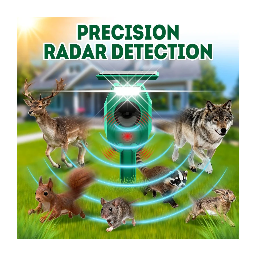 Radar Animal Repellent Outdoor, Ultrasonic Squirrel Cat Deterrent, Solar Power Deer Rabbit Repeller with Flash Light, Waterproof Chipmunk Raccoon Dog Skunk Repellent for Yard Garden Farm Orchard