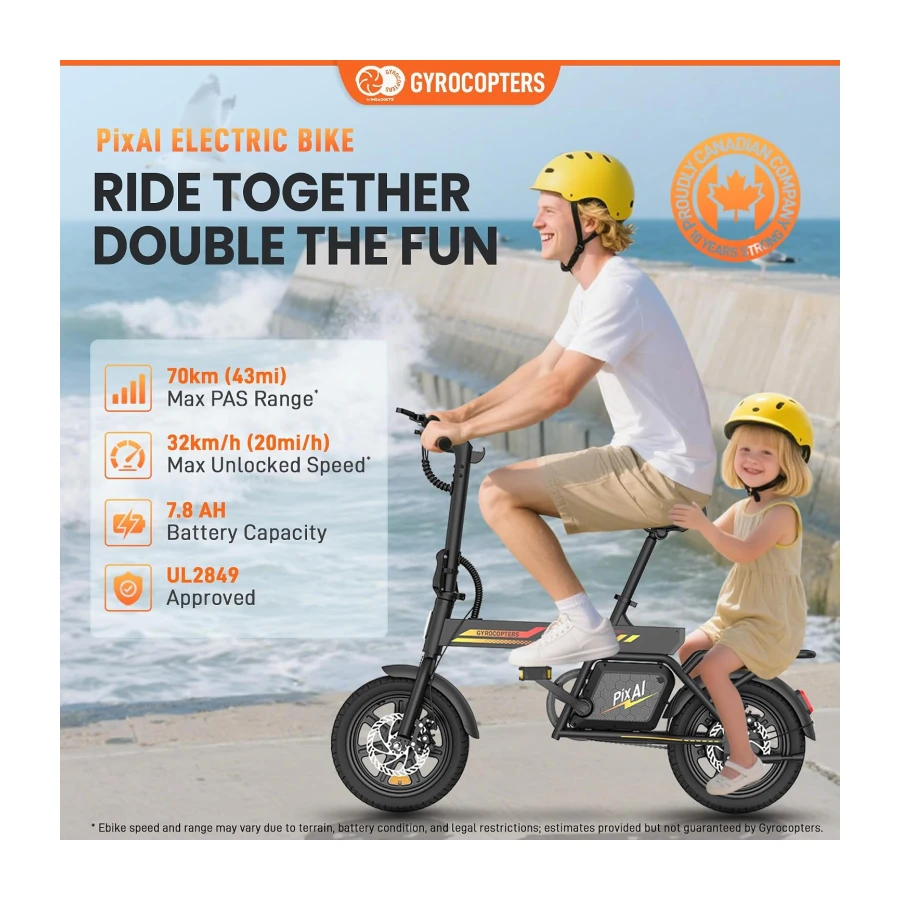 Gyrocopters PixAI 14" Electric Bike for Adults & Teens | Upto 70km PAS Range | Upto 32km/hr Speed | Free Smart Anti-Theft GPS Tracker, Dual Rider E-Bike | UL 2849 Safety Certified