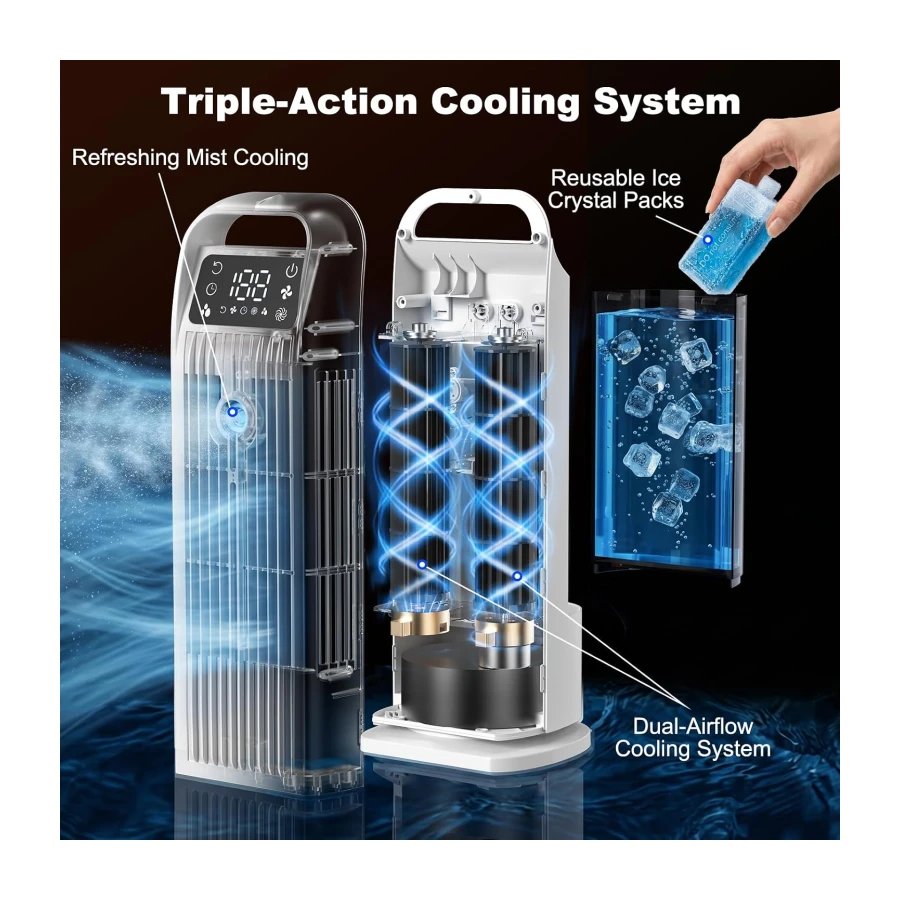 Portable Air Cooler, 4 in 1 Air Conditioner 1200ML Evaporative Air Cooler with Remote Control, 120° Oscillating 4 Speeds 12H Timer Mist Spray Tower Fan for Home Office（White）