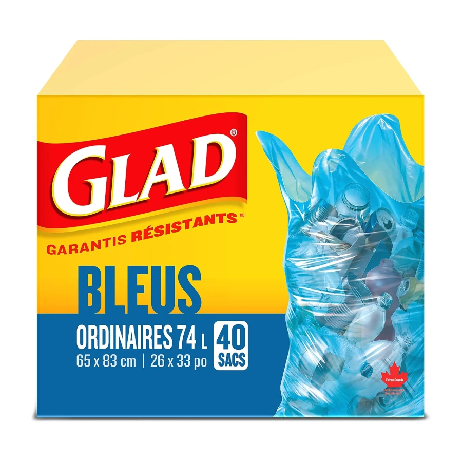 Glad Blue Recycling Bags - regular 74 litres - 40 Trash Bags 40 count, Made in Canada of Global Components