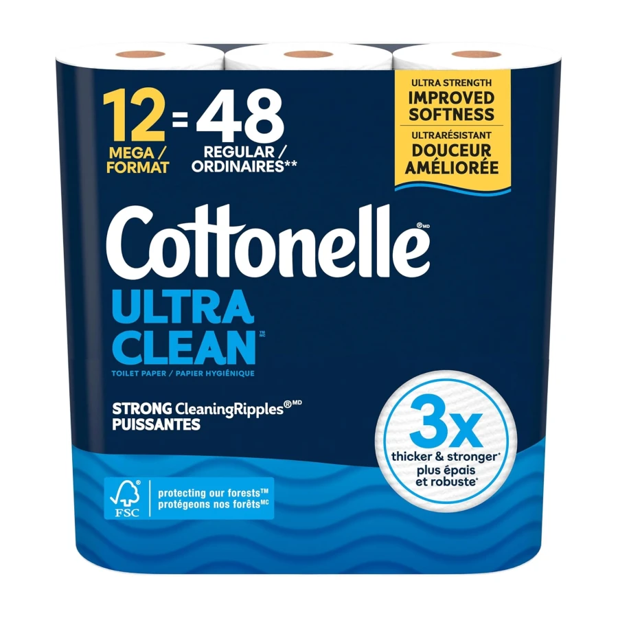 Cottonelle Toilet Paper, 12 Mega Rolls = 48 Regular Rolls, Ultra Clean, Strong Bathroom Tissue, 284 Sheets per Roll, Packaging May Vary