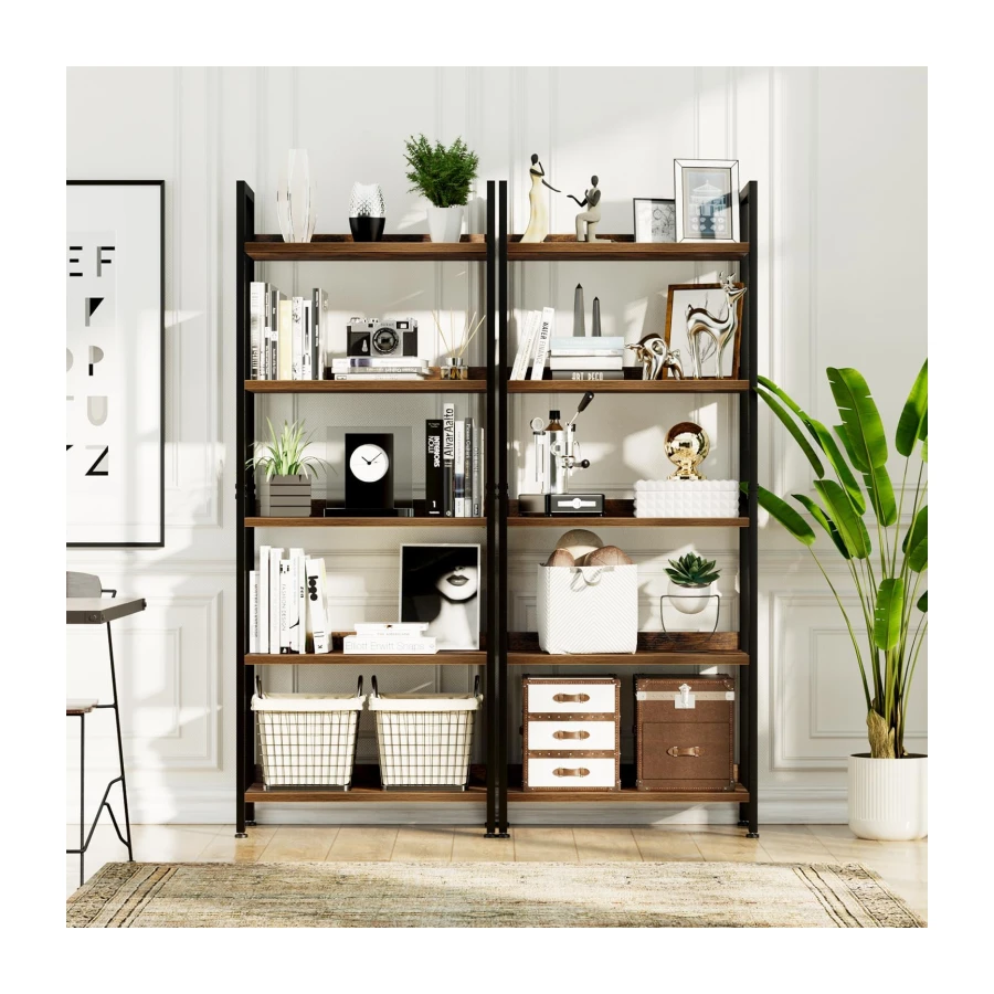 NUMENN Bookshelf, 5 Tier Freestanding Shelving Unit, Vintage | Metal Frame & Wood Shelves