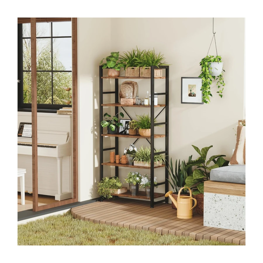 VERMESS Industrial Bookshelf, 5-Tier 24inch Shelving Unit Wood Bookcase with Open Shelves