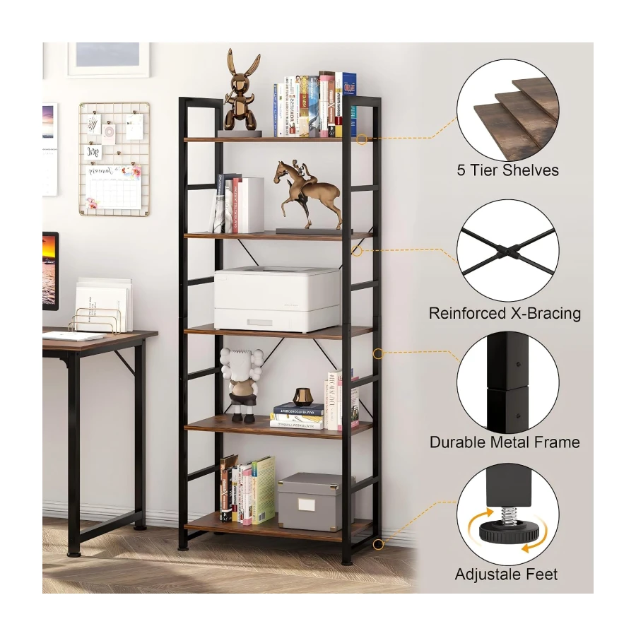 VERMESS Industrial Bookshelf, 5-Tier 24inch Shelving Unit Wood Bookcase with Open Shelves