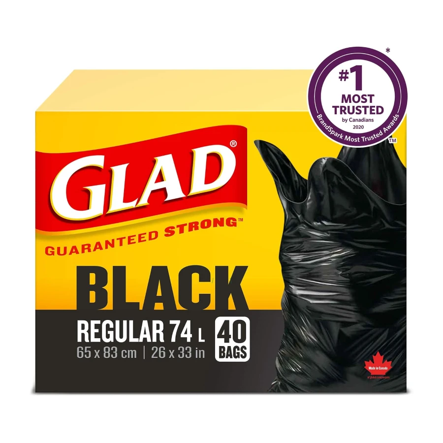 Glad Black Garbage Bags - Regular 74 Litres - 40 Trash Bags Made in Canada of Global Components