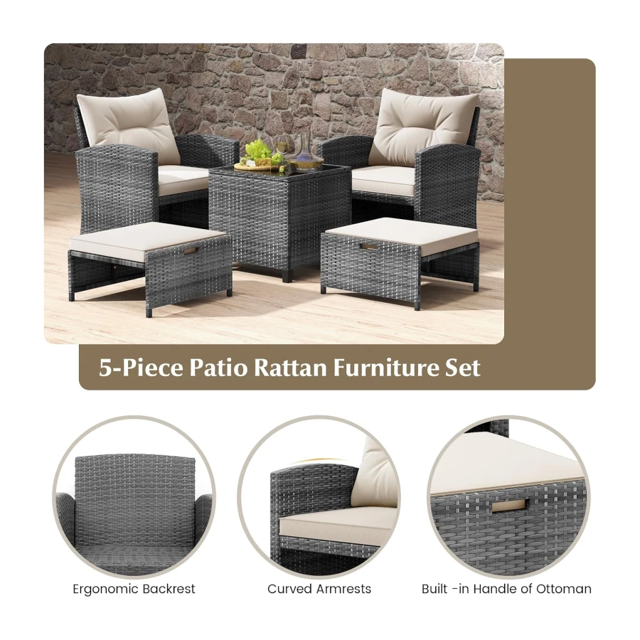 Tangkula 5 Pieces Patio Conversation Set, PE Wicker Rattan Outdoor Furniture Set with 2 Chairs, 2 Ottomans & Tempered Glass Coffee Table, Ideal for Poolside, Backyard, Lawn, Deck, Mix Grey & Off White