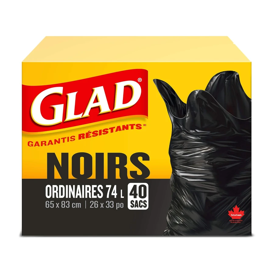 Glad Black Garbage Bags - Regular 74 Litres - 40 Trash Bags Made in Canada of Global Components